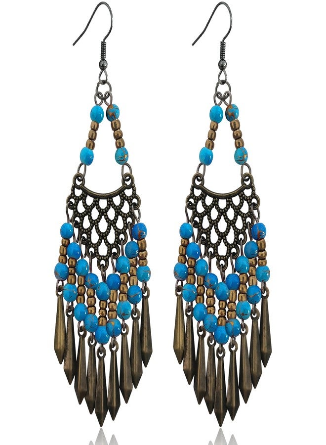 KVANU Handmade Vintage Bronze Bohemian Long Tassel Colorful Bead Dangle Drop Earrings Big Tribal Chandelier Geometry Hook Earrings for Women Statement Jewelry Gifts, 100mm/3.93inch*30mm/1.18inch - Image 1
