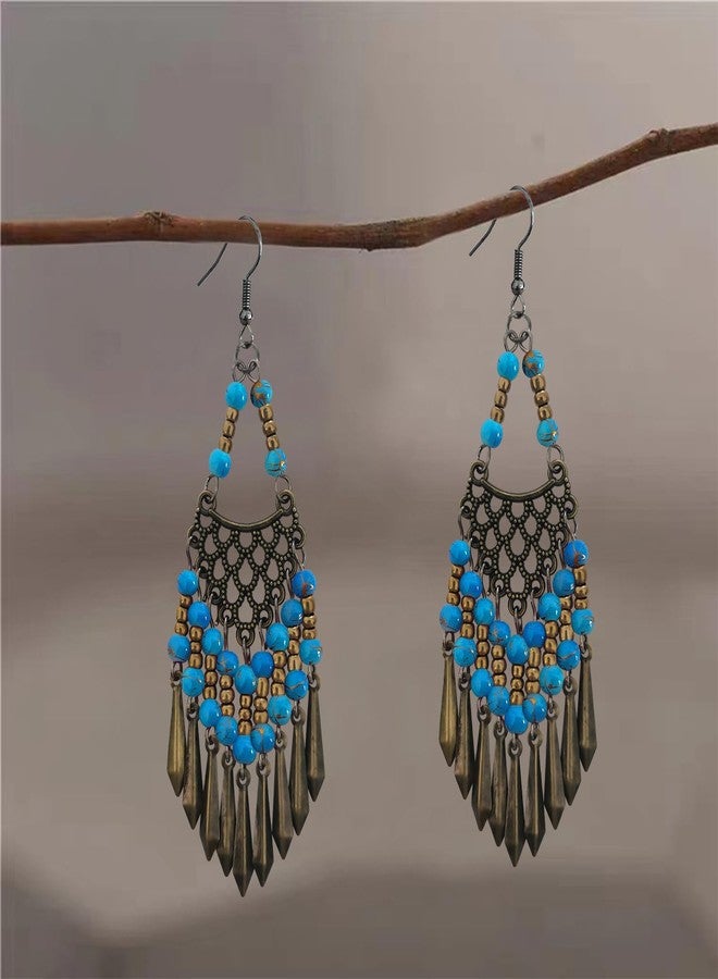 KVANU Handmade Vintage Bronze Bohemian Long Tassel Colorful Bead Dangle Drop Earrings Big Tribal Chandelier Geometry Hook Earrings for Women Statement Jewelry Gifts, 100mm/3.93inch*30mm/1.18inch - Image 3