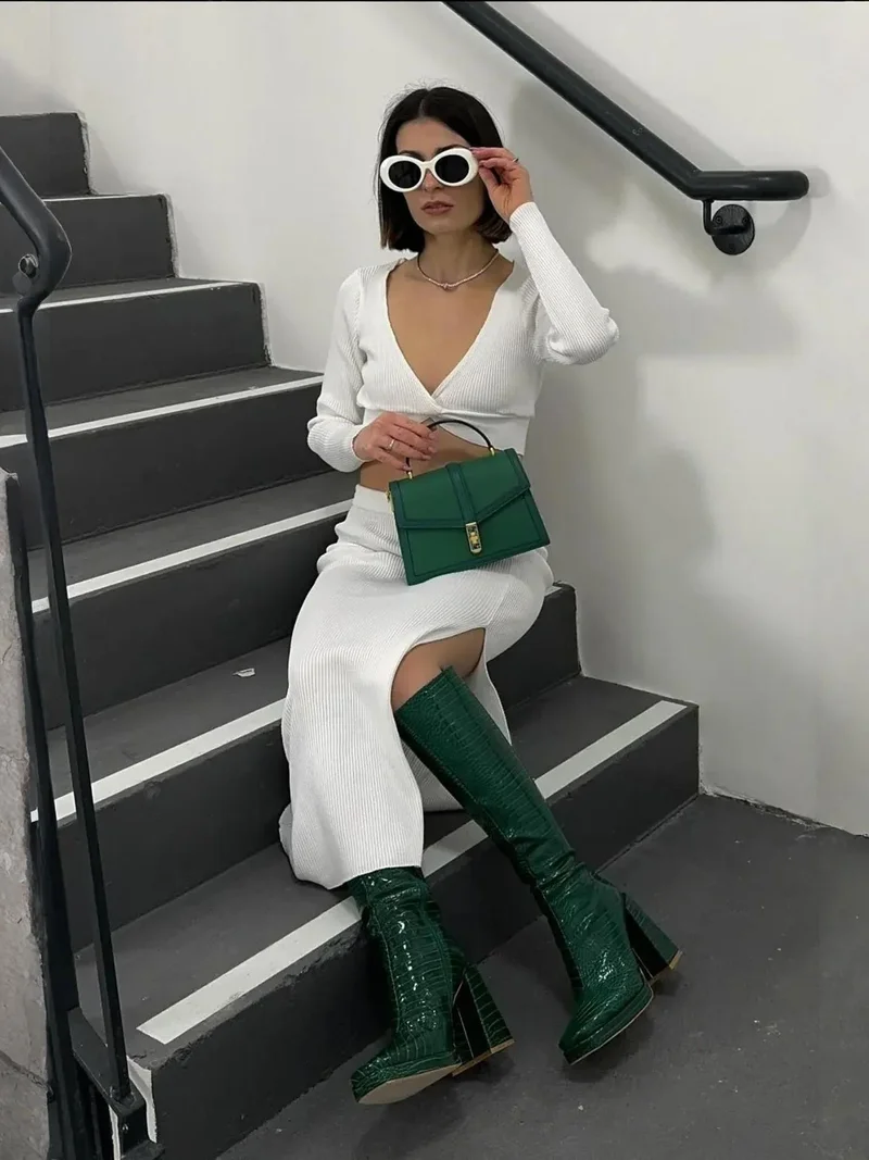 HICCUP 2 Pieces: V Neck Long Sleeve Crop Top & High Waist Slit Maxi Skirt