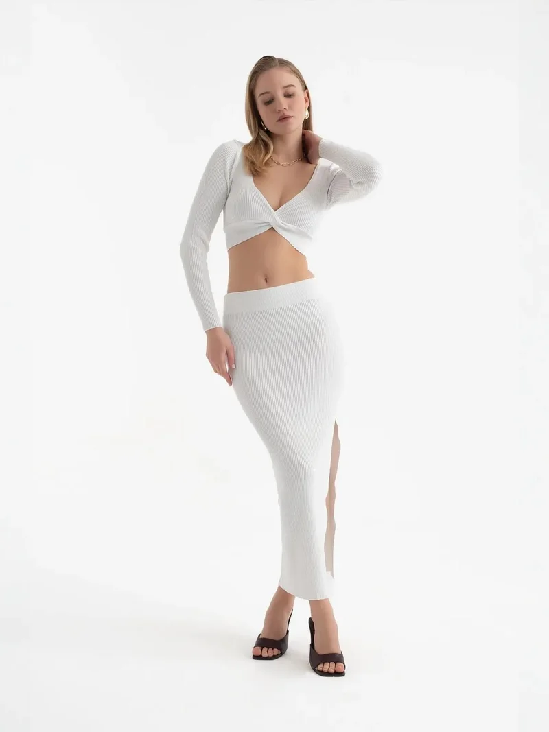 HICCUP 2 Pieces: V Neck Long Sleeve Crop Top & High Waist Slit Maxi Skirt