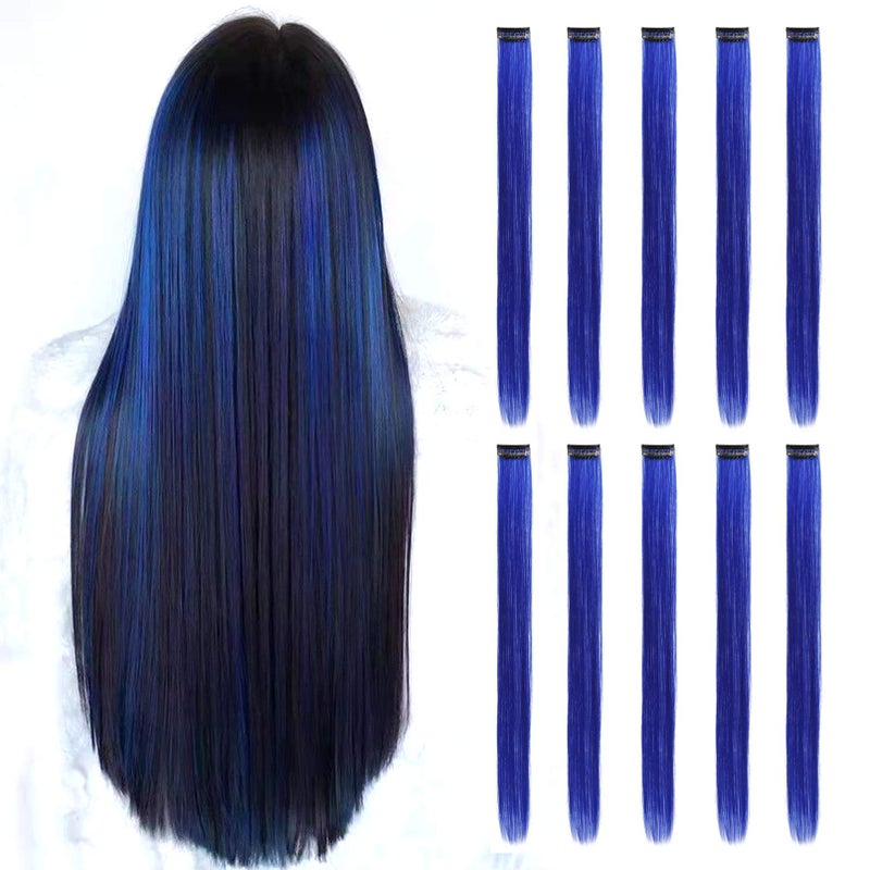 RINBOOOL Blue Hair Extensions Clip in, 22 Inch 10 Pcs Long Straight Colored, for Kids Girls Women Highlight Party, Synthetic - Image 1