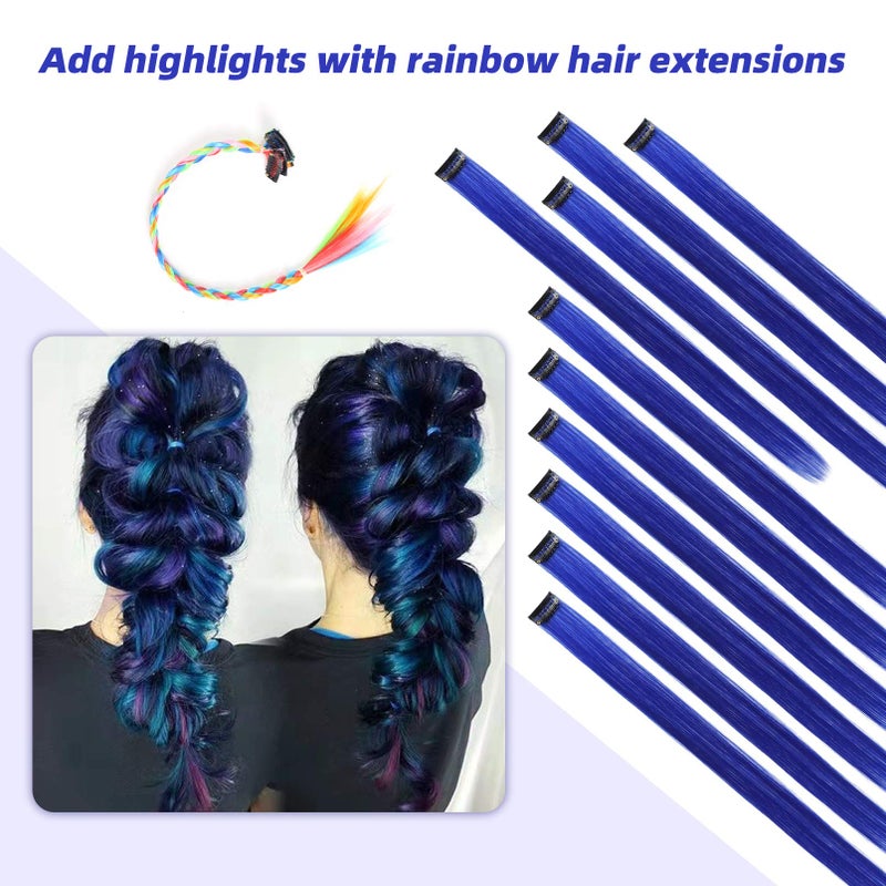 RINBOOOL Blue Hair Extensions Clip in, 22 Inch 10 Pcs Long Straight Colored, for Kids Girls Women Highlight Party, Synthetic - Image 2