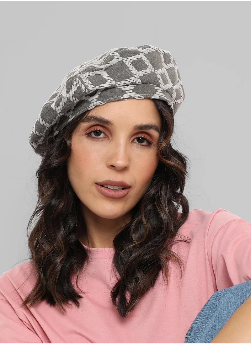 صوص هاوت Rhombus Weave Beret Hat - Grey & White