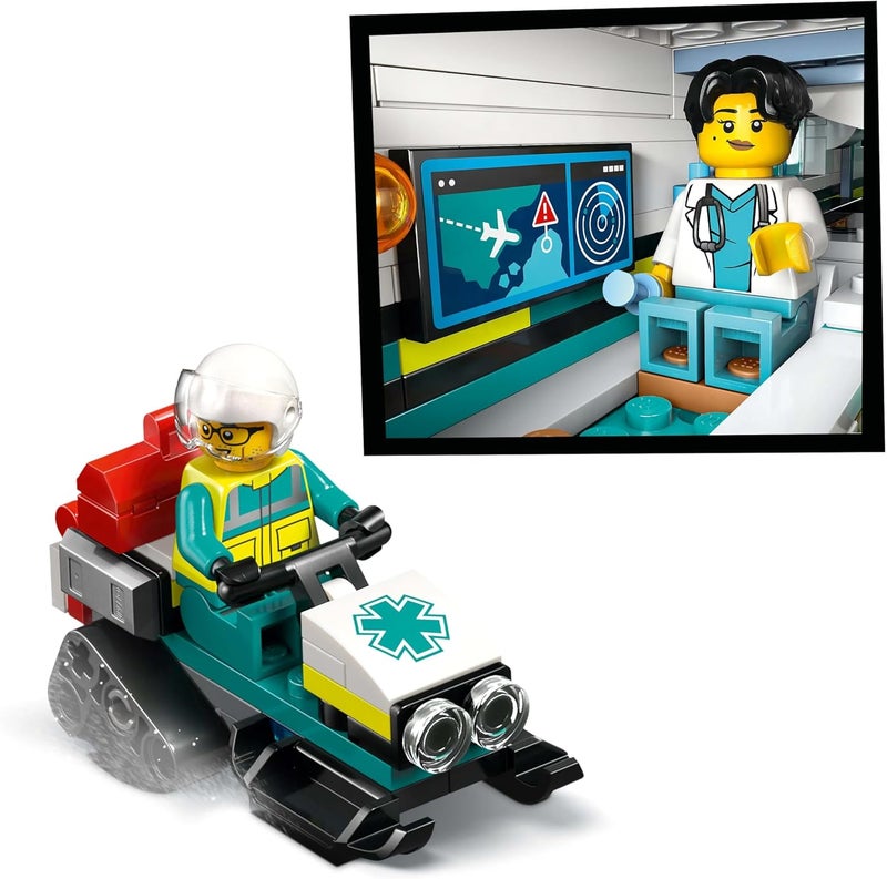 LEGO City Emergency Air Ambulance Airplane Toy - Medical Plane Model - 3 Minifigures incl. a Doctor and Pilot, plus a Snowscooter, Stretcher & Tools, Gift for 6+ Year Old Boys - 60465 - Image 4