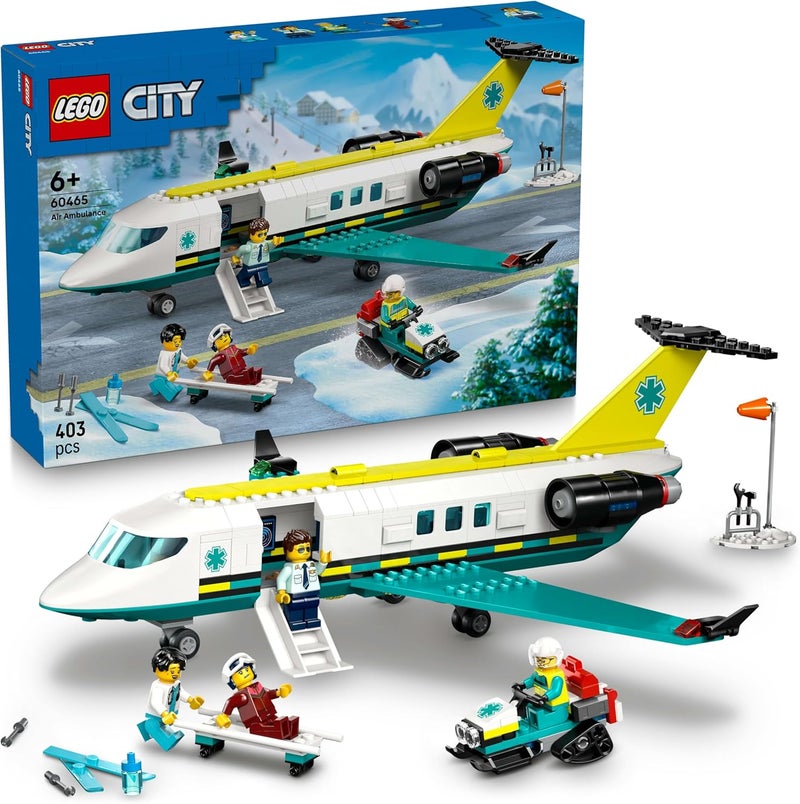 LEGO City Emergency Air Ambulance Airplane Toy - Medical Plane Model - 3 Minifigures incl. a Doctor and Pilot, plus a Snowscooter, Stretcher & Tools, Gift for 6+ Year Old Boys - 60465 - Image 1