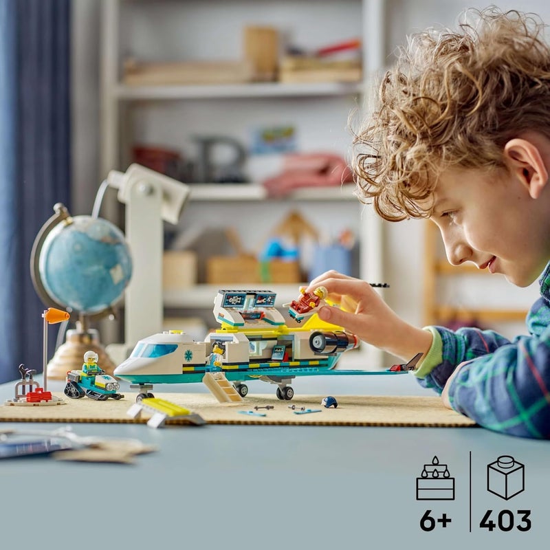 LEGO City Emergency Air Ambulance Airplane Toy - Medical Plane Model - 3 Minifigures incl. a Doctor and Pilot, plus a Snowscooter, Stretcher & Tools, Gift for 6+ Year Old Boys - 60465 - Image 3