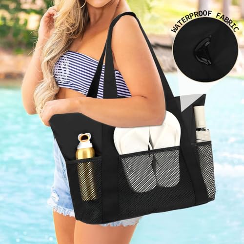 Fammart Mesh Beach Bag, Large Beach Tote with Zipper Pocket, Toys Pool Bag for Family Travel Vacation Cruise Essentials, Large, Waterproof - Black - Image 3