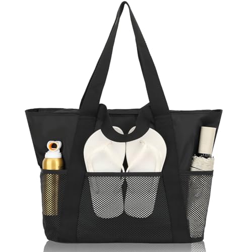 Fammart Mesh Beach Bag, Large Beach Tote with Zipper Pocket, Toys Pool Bag for Family Travel Vacation Cruise Essentials, Large, Waterproof - Black - Image 1