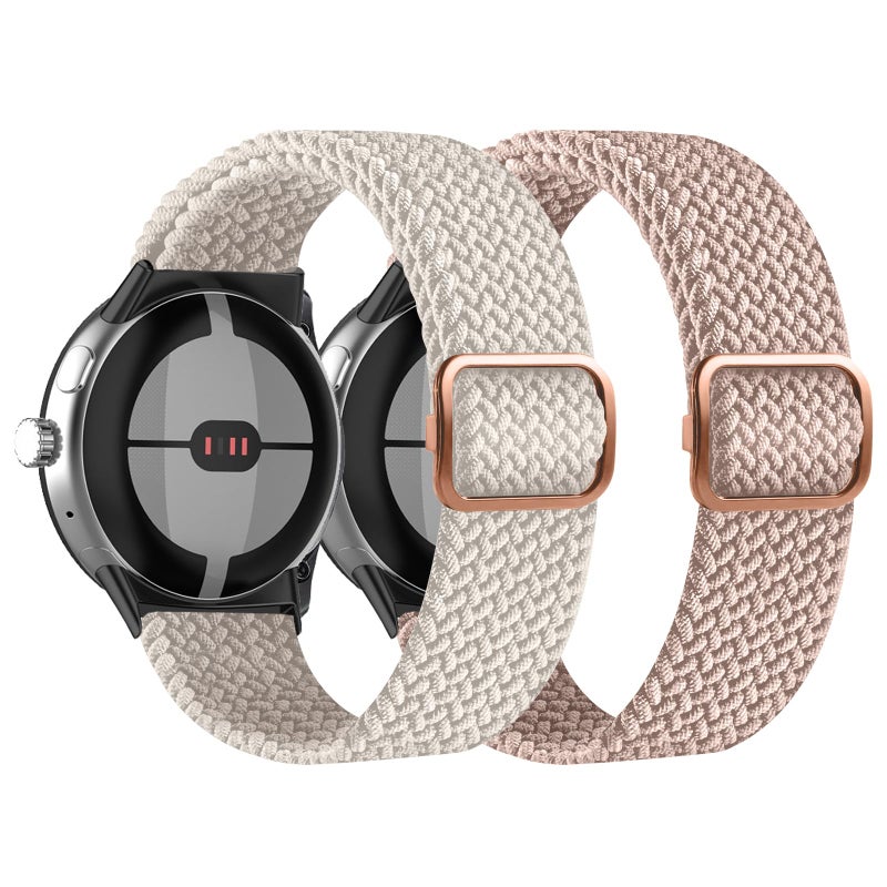 AHXLL Braided Solo Loop Band Compatible with Google Pixel Watch 2, Stretchy Adjustable Nylon Sport Wristbands Straps for Google Pixel Watch Women Men (Starlight+Rose Pink) - Image 1