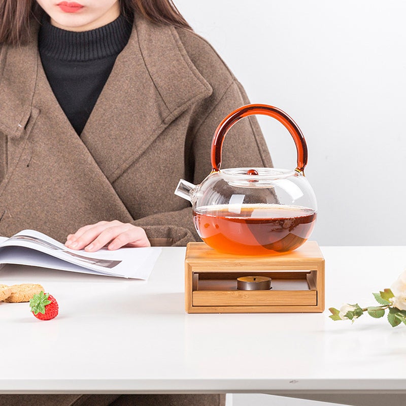 Compact Bamboo Tea Pot Heating Warmer Base Household Tea Pot Warmer Stove Dish Warmer Candle Heating Stove with Drawer Design - Image 5