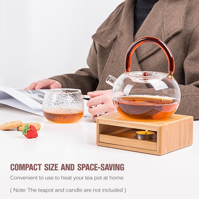Compact Bamboo Tea Pot Heating Warmer Base Household Tea Pot Warmer Stove Dish Warmer Candle Heating Stove with Drawer Design - Image 4