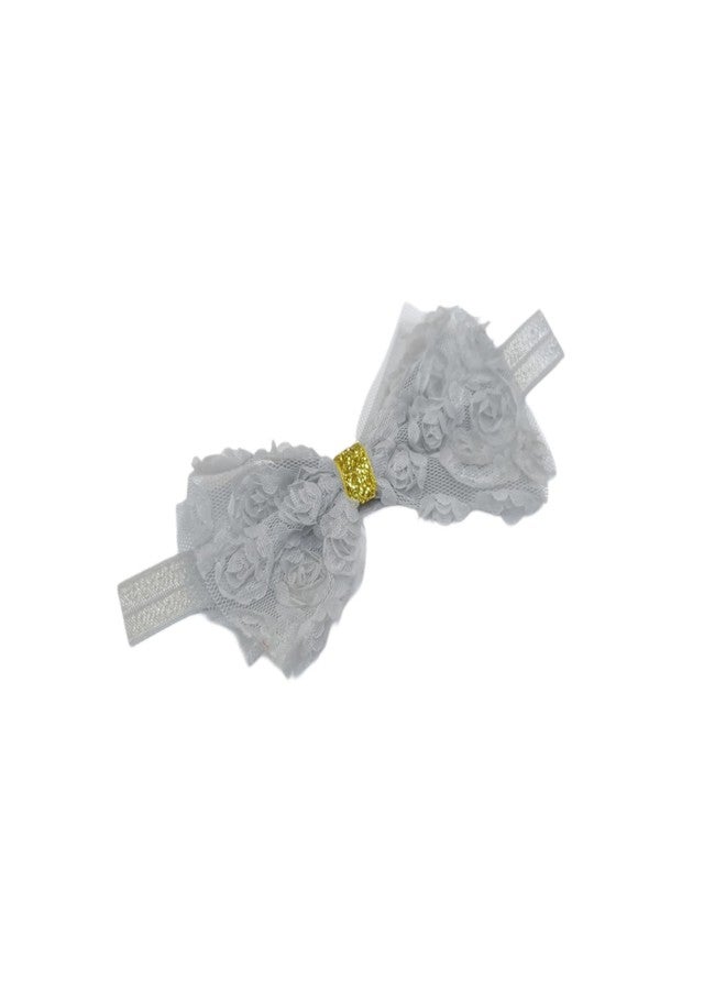 Fairytale Soft Stretchable Elastic Floral Bow Headband for Girls, Lace with Gold Accent Kids Girls Hair Accessories. (Grey) - Image 3
