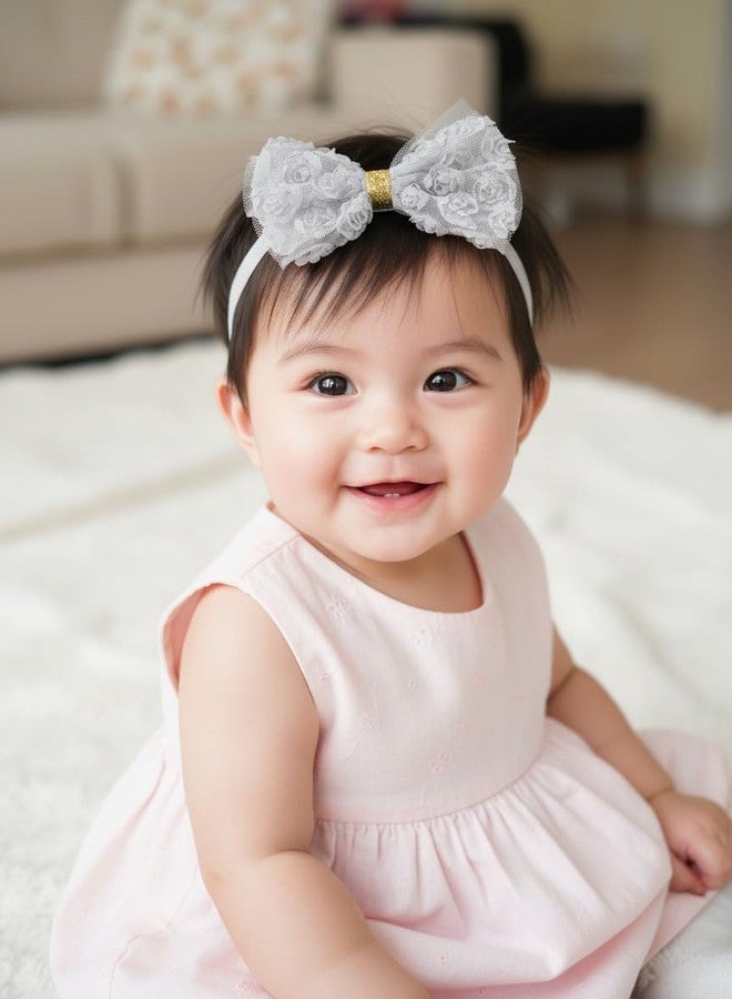 Fairytale Soft Stretchable Elastic Floral Bow Headband for Girls, Lace with Gold Accent Kids Girls Hair Accessories. (Grey) - Image 1