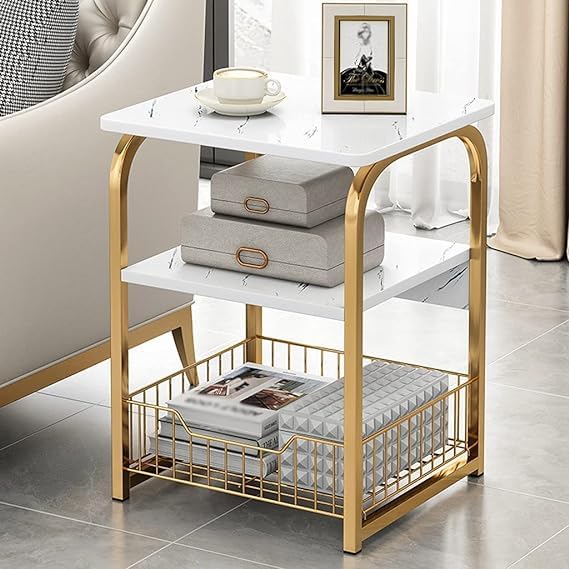 Brikipth Brikipth End Table Side Table 3 Tiers White Marble Nightstand Industrial Retro Storage Shelf for Living Room Bedroom Kitchen Family and OfficeStable Wood and Metal Frame - Image 1