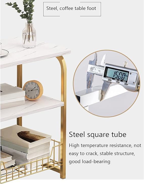 Brikipth Brikipth End Table Side Table 3 Tiers White Marble Nightstand Industrial Retro Storage Shelf for Living Room Bedroom Kitchen Family and OfficeStable Wood and Metal Frame - Image 4