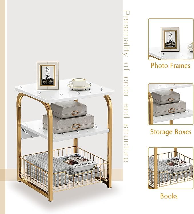 Brikipth Brikipth End Table Side Table 3 Tiers White Marble Nightstand Industrial Retro Storage Shelf for Living Room Bedroom Kitchen Family and OfficeStable Wood and Metal Frame - Image 2