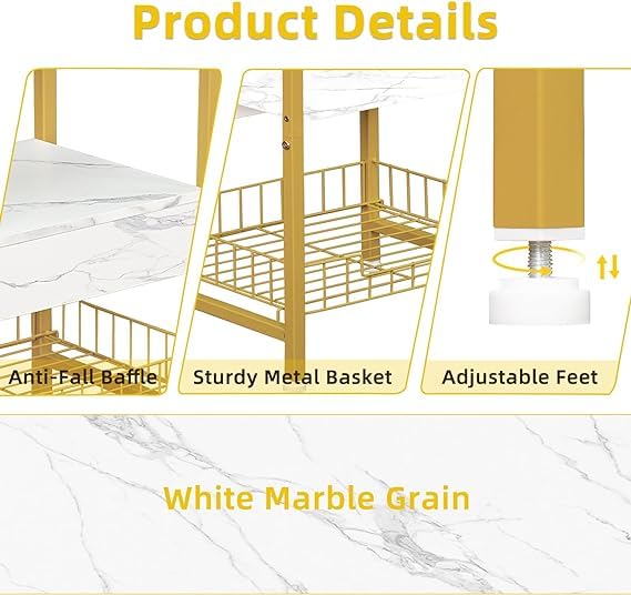Brikipth Brikipth End Table Side Table 3 Tiers White Marble Nightstand Industrial Retro Storage Shelf for Living Room Bedroom Kitchen Family and OfficeStable Wood and Metal Frame - Image 3