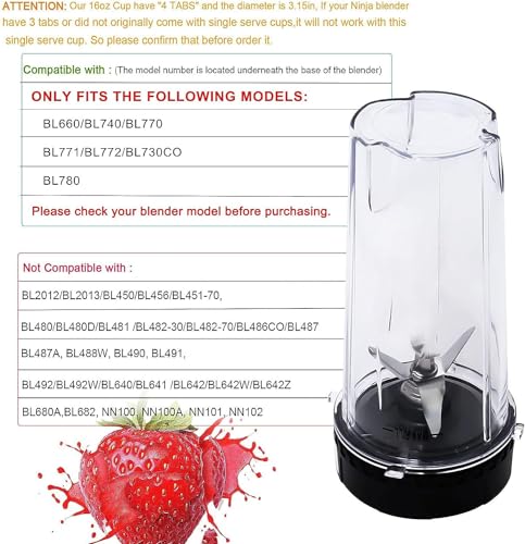 Wadoy Replacement Parts Compatible with Nutri Ninja, Blender Blade 6 Fins and 2 Pcs 16oz Single Serve Blender Cup Set Compatible with Ninja BL660 BL740 BL770 BL780 BL771 BL772 BL773CO - Image 5