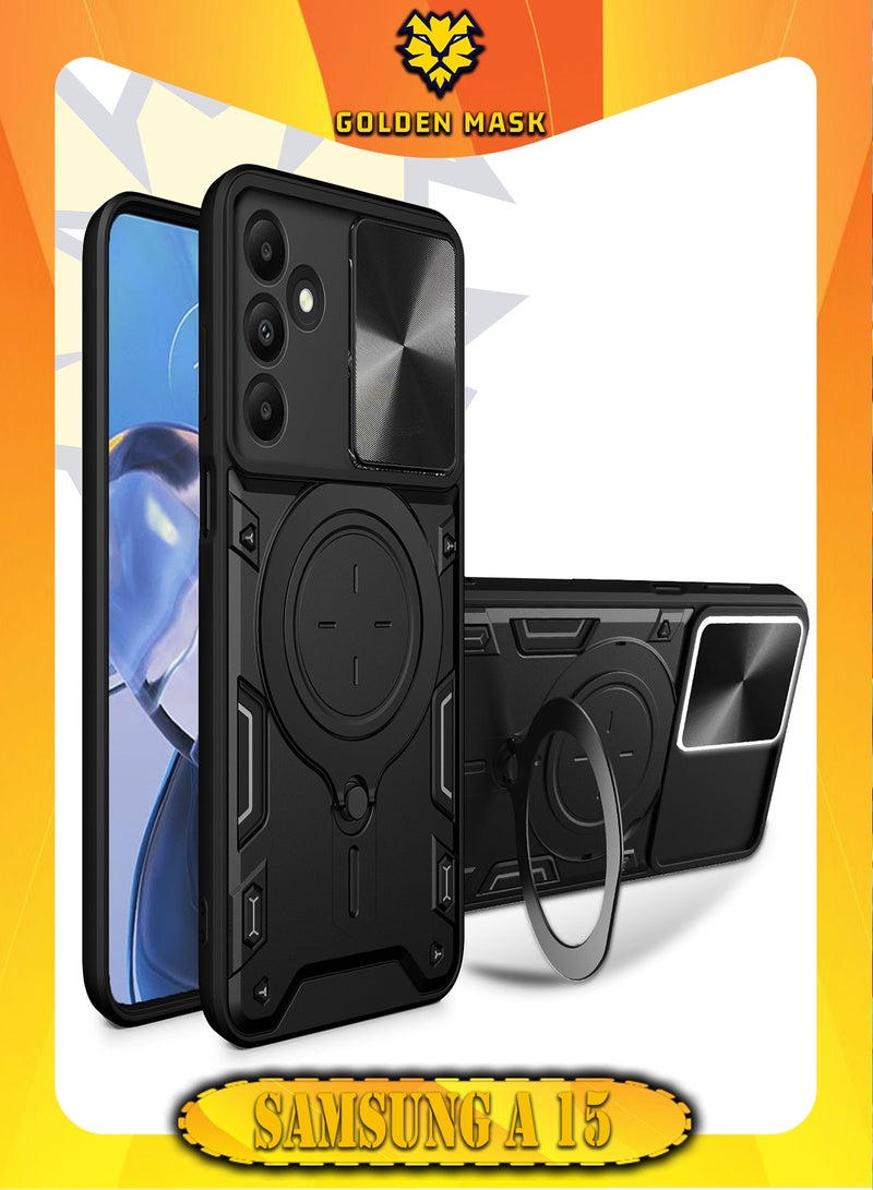 جولدن ماسك لهاتف سامسونج جالاكسي اية 15 (Samsung Galaxy A15) جراب حماية مع باب جرار لحماية عدسة  الكاميرا المدرعة مدمج بزاوية 360 درجة - (اسود)