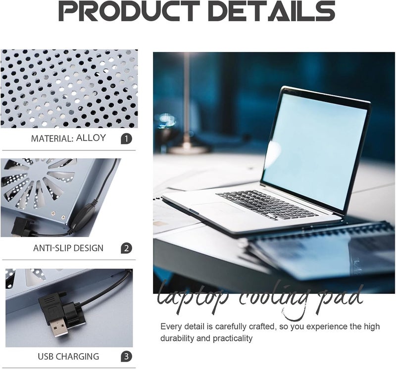 Aluminum Alloy Laptop Cooler Stand with Cooling Fan, Gaming Laptop Cooling Pad for Desk Use, Gray Notebook Cooler Support for Overheating Prevention - Image 4