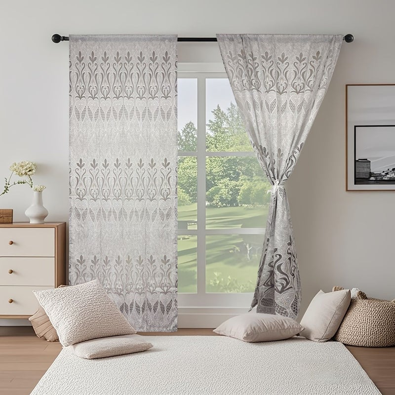 Light Yellow Baroque Jacquard Sheer Curtain With Rod Pocket Cutwork Classic - Image 4