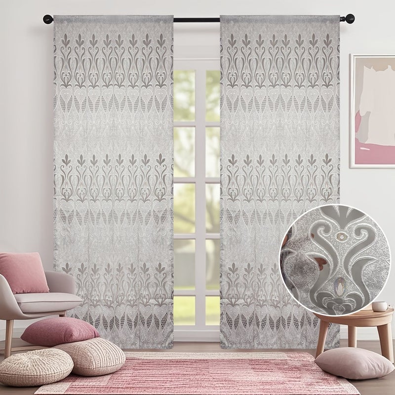 Light Yellow Baroque Jacquard Sheer Curtain With Rod Pocket Cutwork Classic - Image 1