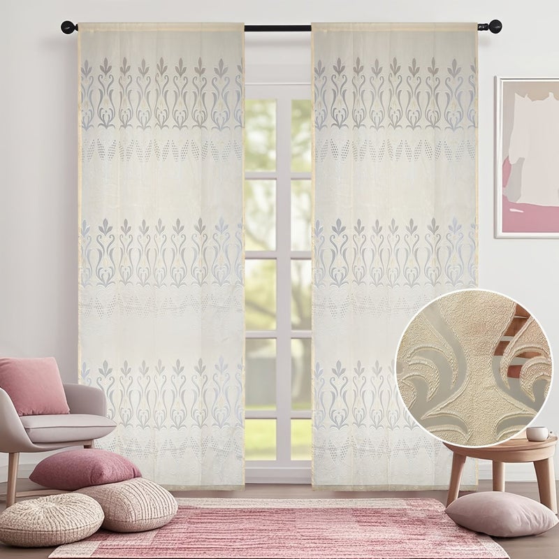 Light Yellow Baroque Jacquard Sheer Curtain With Rod Pocket Cutwork Classic - Image 5