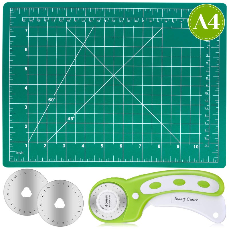 Rotary Cutter Set Audab Self Healing Sewing Mats Rotary Cutter and Mat 45mm Rotary Fabric Cutter Set with 2 Blades Rotary Cutting Mat for Crafts Fabric Quilting Hobby 9 x 12 A4