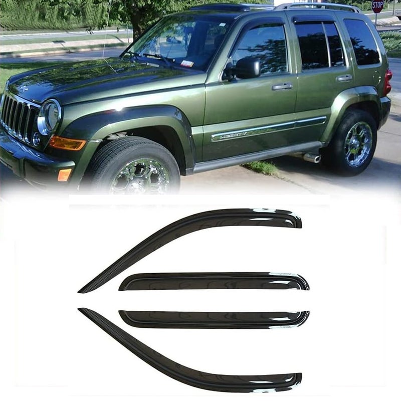 Kucaruce 94428 Original Side Window Visor Deflector Rain GuardOutside Mount Tapeon Shatterproof Dark Smoke4pc Window Shades fit for 20022007 Jeep Liberty