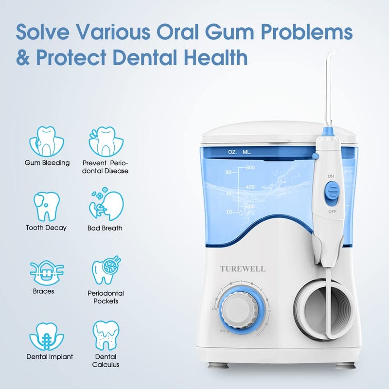 TUREWELL FC162 Water Dental Flosser for Teeth/Braces,10 Pressure Levels, 8 Water Jet Tips for Family, 600ML Electric Water Dental Oral Irrigator for Teeth Clean (White) - Image 2