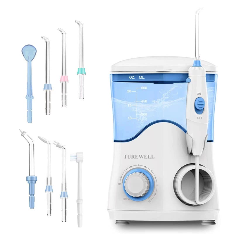 TUREWELL FC162 Water Dental Flosser for Teeth/Braces,10 Pressure Levels, 8 Water Jet Tips for Family, 600ML Electric Water Dental Oral Irrigator for Teeth Clean (White) - Image 1