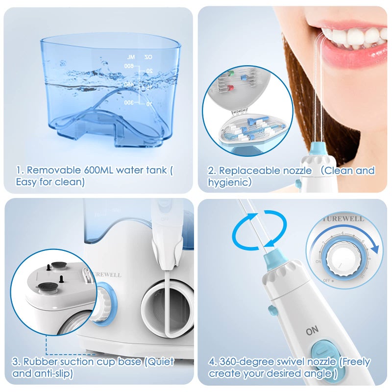 TUREWELL FC162 Water Dental Flosser for Teeth/Braces,10 Pressure Levels, 8 Water Jet Tips for Family, 600ML Electric Water Dental Oral Irrigator for Teeth Clean (White) - Image 5