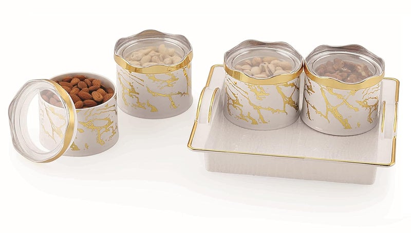 Moltres Sun Ceramic_4 Multipurpose Serving Set 4 Air Tight Bowl with Tray Set Dry Fruit Chocolate Mouth Freshener Container with Serving Tray Set Plastic White - Image 1