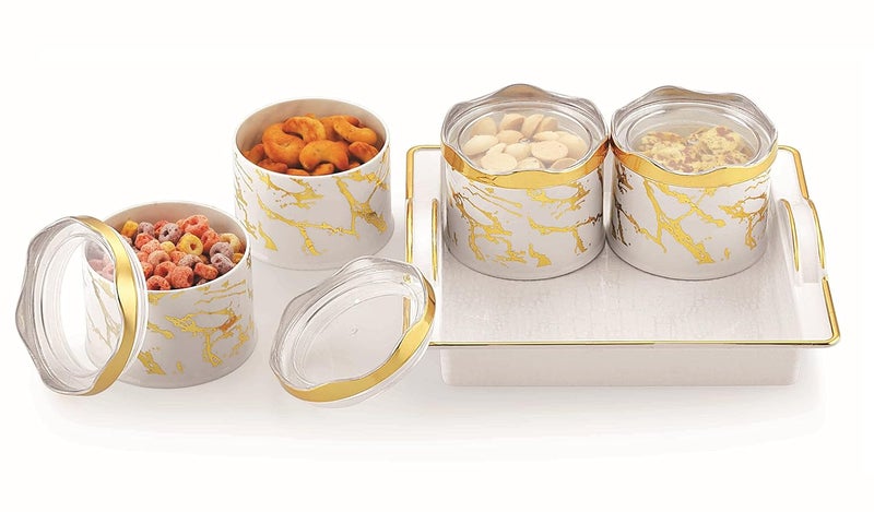 Moltres Sun Ceramic_4 Multipurpose Serving Set 4 Air Tight Bowl with Tray Set Dry Fruit Chocolate Mouth Freshener Container with Serving Tray Set Plastic White - Image 4