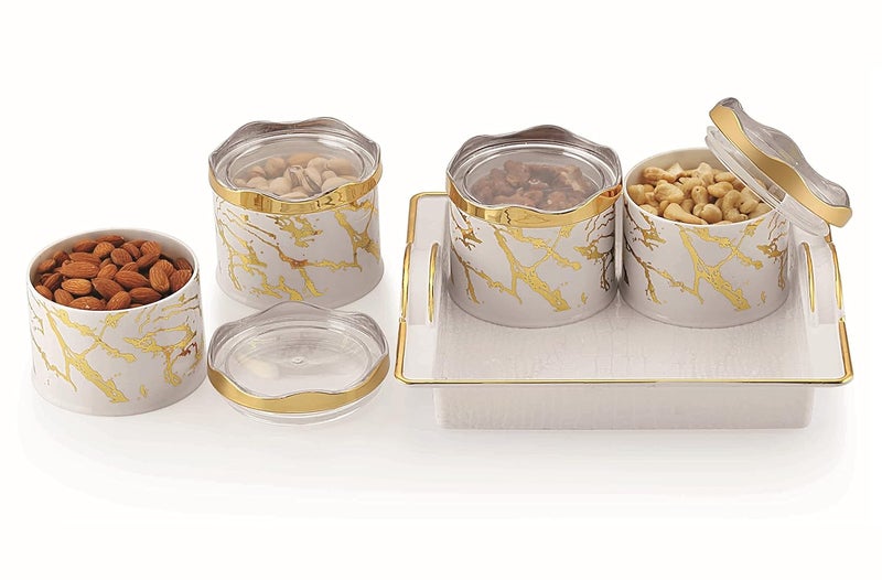 Moltres Sun Ceramic_4 Multipurpose Serving Set 4 Air Tight Bowl with Tray Set Dry Fruit Chocolate Mouth Freshener Container with Serving Tray Set Plastic White - Image 3