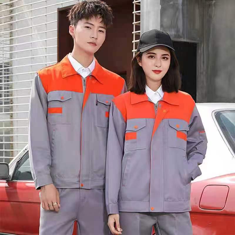 Spring and Autumn single top overalls mens wear-resistant welding auto repair labor protective clothing factory workshop engineering long sleeve color matching shoulder Upper Orange and lower gray jacket 