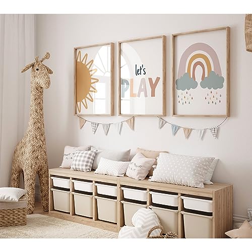 Youillne Playroom Nursery Wall Art Decor Boho Baby Girl Canvas Rainbow Wall Art Kids Room Prints Nursery Pictures Play Sign Kids Artwork Posters Baby Girl Painting for Bedroom 16x24 Inch Unframed Set of 3 - Image 1