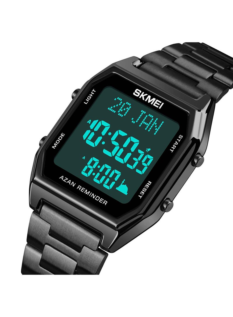 Men's Muslim Stainless Steel Strap Digital Square Azan Watch 3671BKBK - Image 4