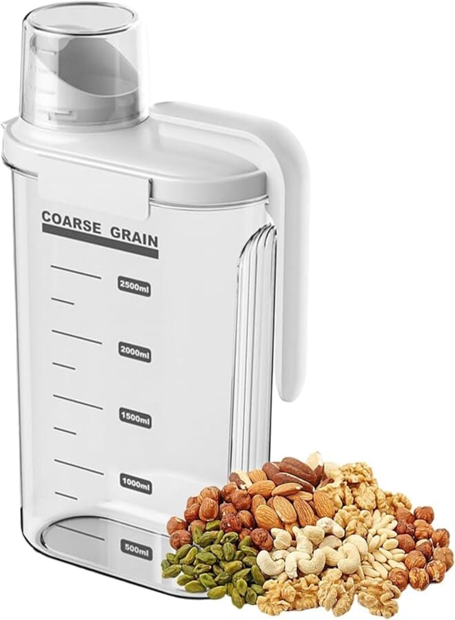 Airtight Storage Container 2.5L Clear Plastic with Measuring Cup Lid and Pouring Handle for Cereal, Pulses, Sugar, Kitchen Organization Easily