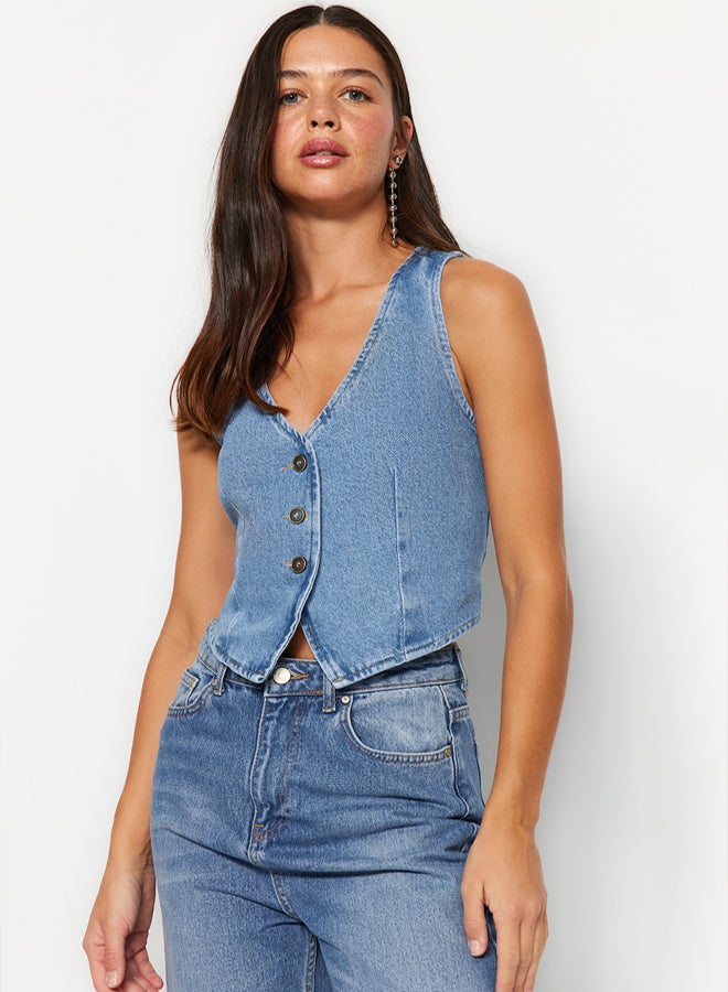 Blue V-Neck Fitted Denim Vest