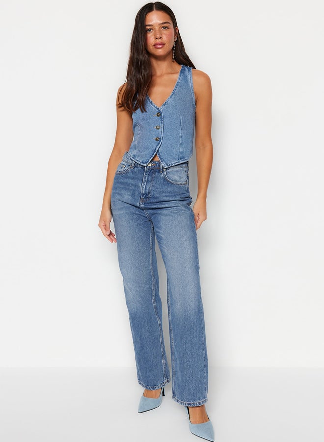 Blue V-Neck Fitted Denim Vest