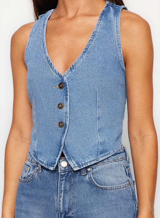 Blue V-Neck Fitted Denim Vest