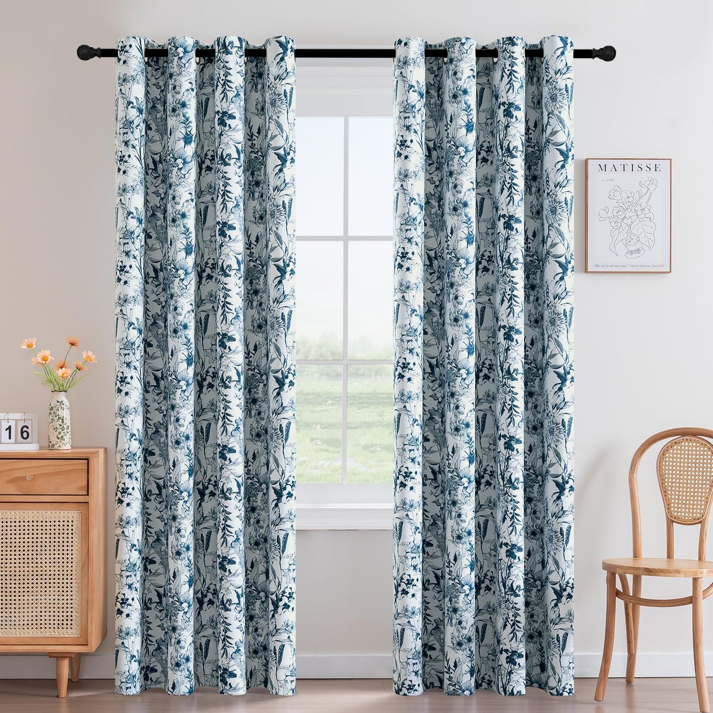H.VERSAILTEX Blackout Curtains 84 Inch Length 2 Panels Set Floral Print Curtain Drapes for Living Room Thermal Insulated Grommet Window Curtains for Bedroom - French Jouy Flora in Stone Blue