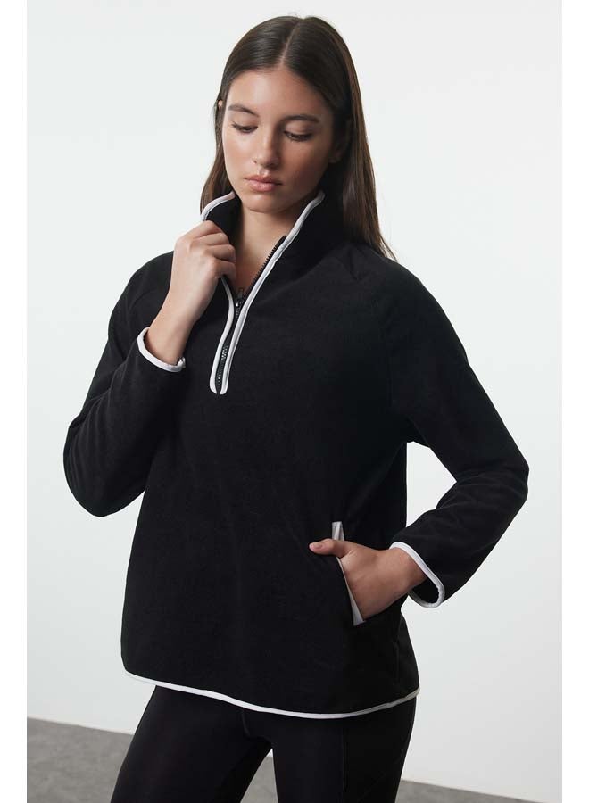 trendyol Black Polar Zipper and Piping Detailed Winter Knitted Sports Sweatshirt THMAW25SW00002  - Image 1