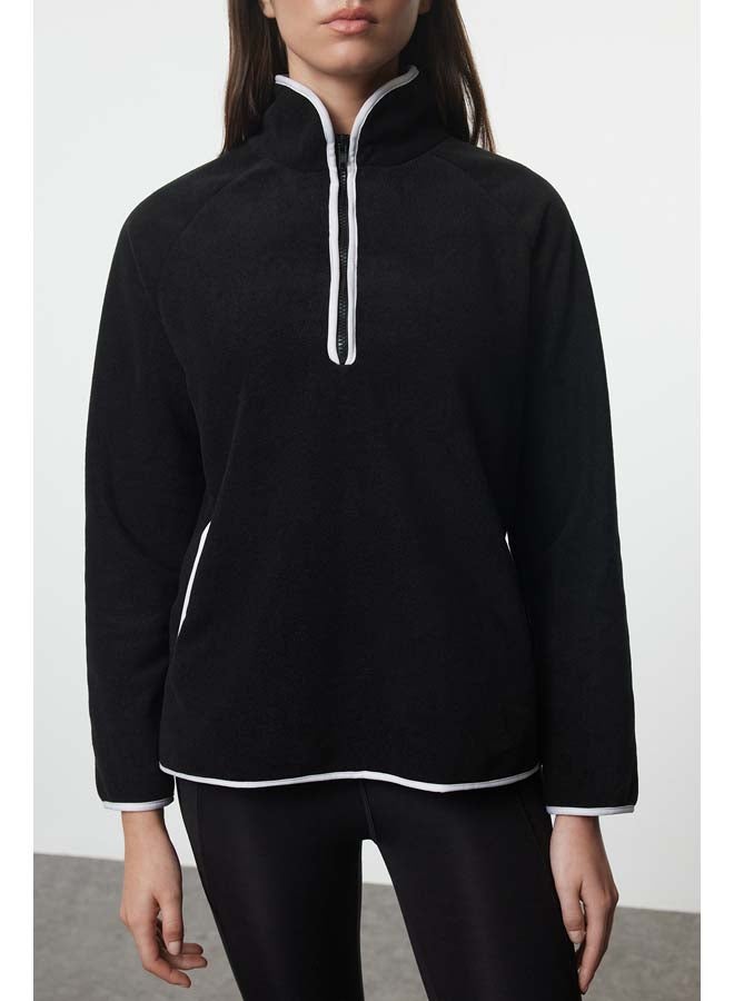 trendyol Black Polar Zipper and Piping Detailed Winter Knitted Sports Sweatshirt THMAW25SW00002  - Image 4