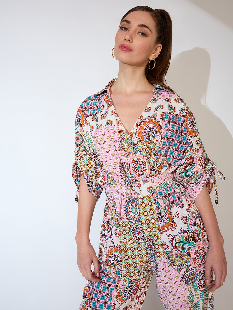 globus Globus Women Shirt Collar Ruched Sleeves Ethnic Motifs Print Belted Fusion Jumpsuit - Image 5
