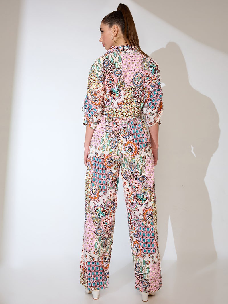 globus Globus Women Shirt Collar Ruched Sleeves Ethnic Motifs Print Belted Fusion Jumpsuit - Image 3
