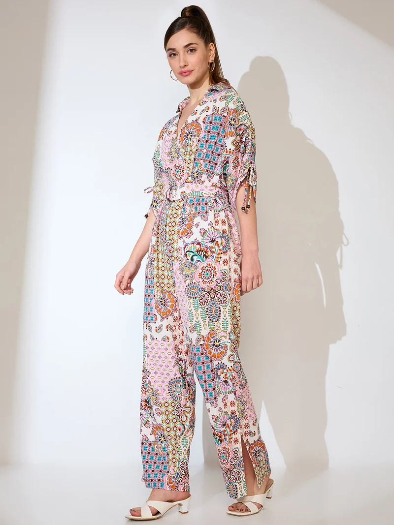 globus Women Shirt Collar Ruched Sleeves Ethnic Motifs Print Belted Fusion Jumpsuit