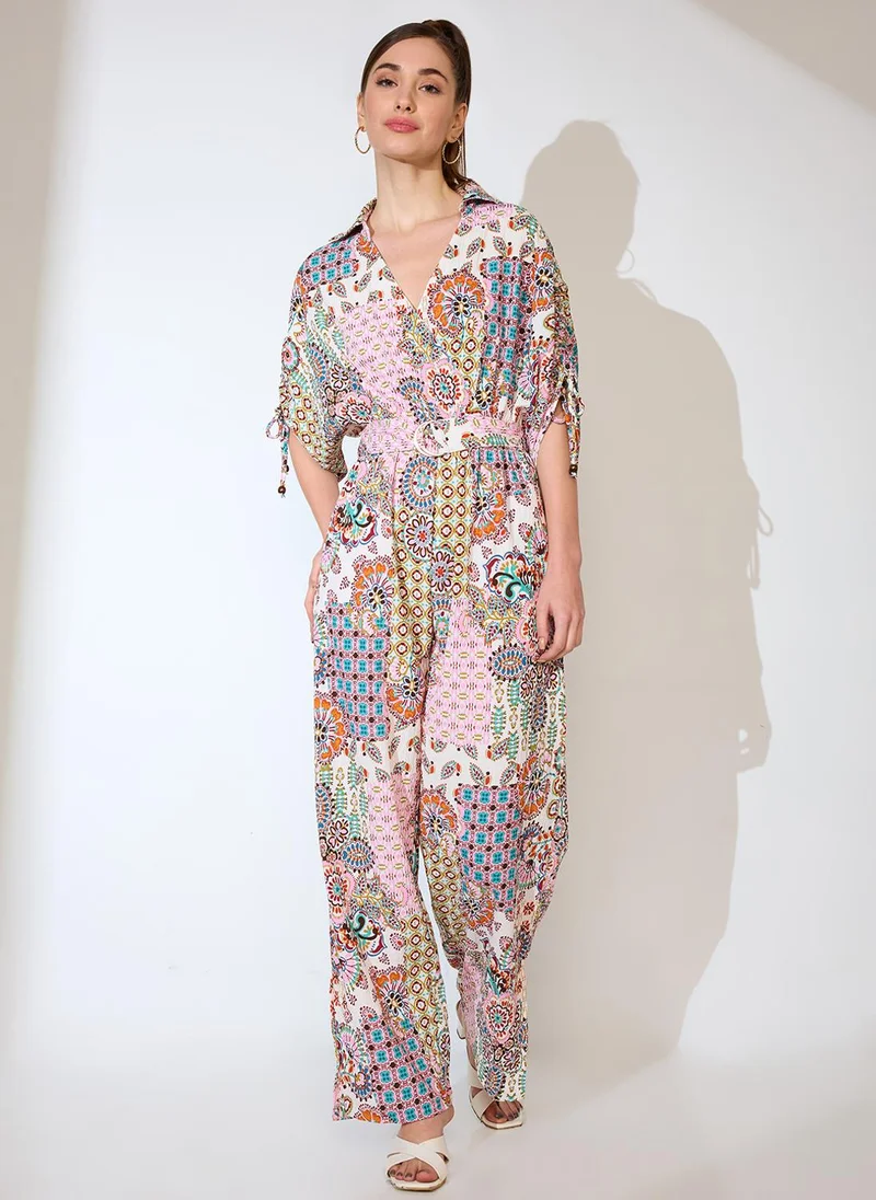 Globus Women Shirt Collar Ruched Sleeves Ethnic Motifs Print Belted Fusion Jumpsuit