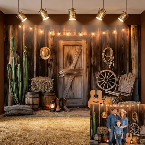 Dormirpilow Western Cowboy Backdrop 7x5ft, Washable Polyester Wild West Party Decorations with Metal Rings & 20ft Ribbon, Rustic Barn Rodeo Birthday Photography Background for Photo Booth Props - Image 1